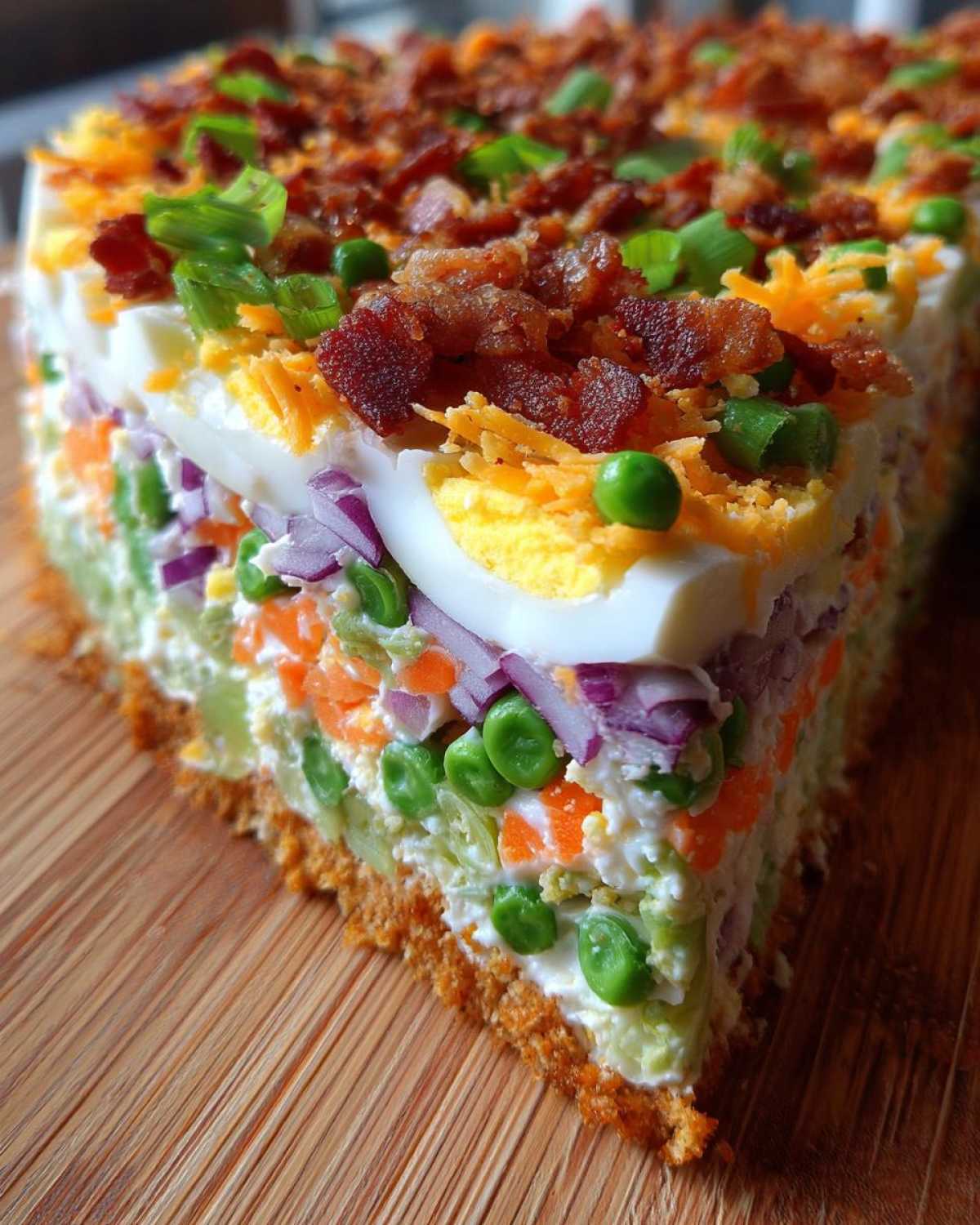 Cross-section view of a slice of 7 layer salad showing distinct layers of vegetables, dressing, egg, and bacon topping.
