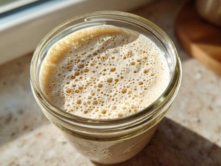 Overhead view of an active sourdough starter in a glass jar, showing a thick layer of foam and bubbles.