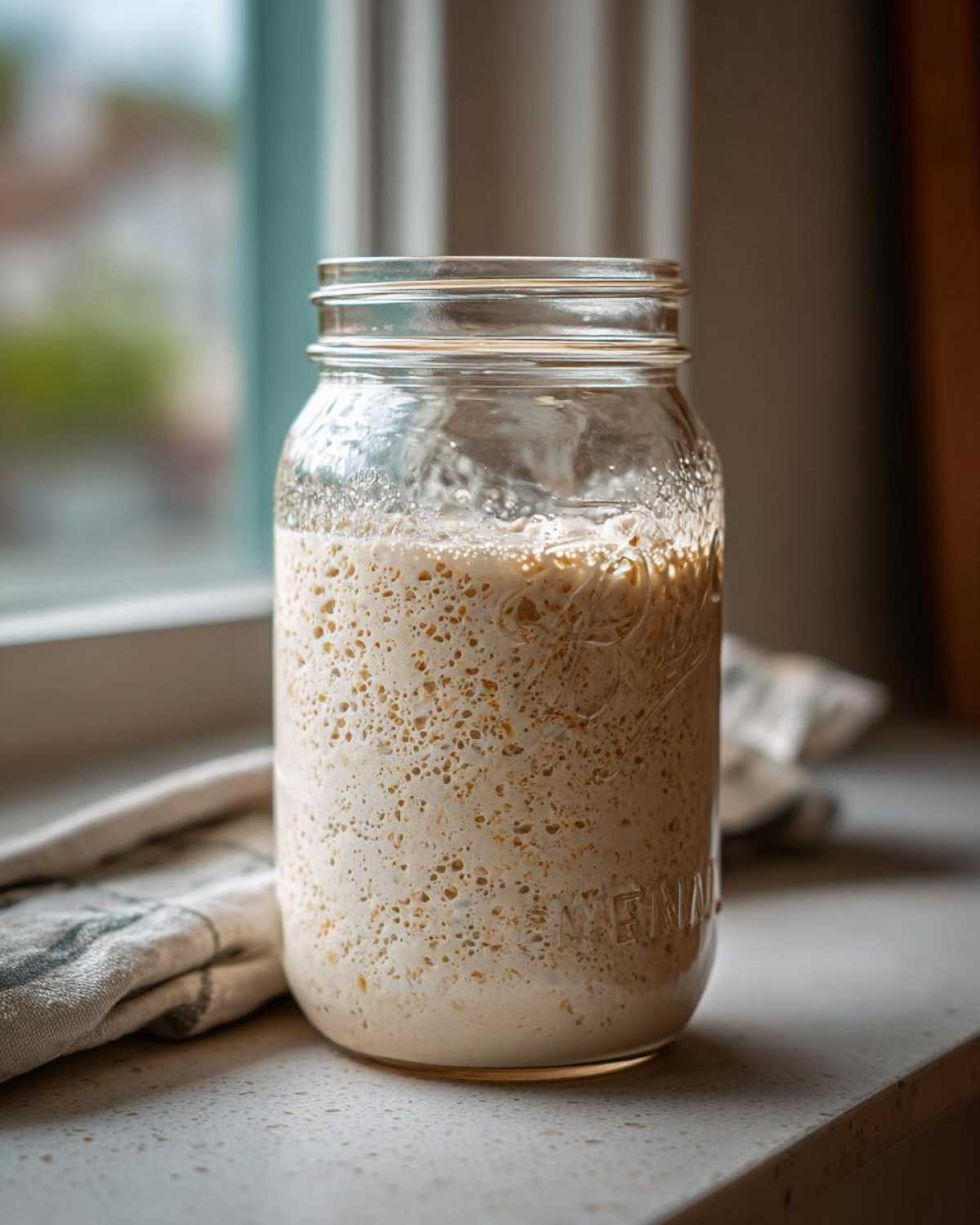 A highly active sourdough starter, full of bubbles, resting in a clear glass mason jar near a window.