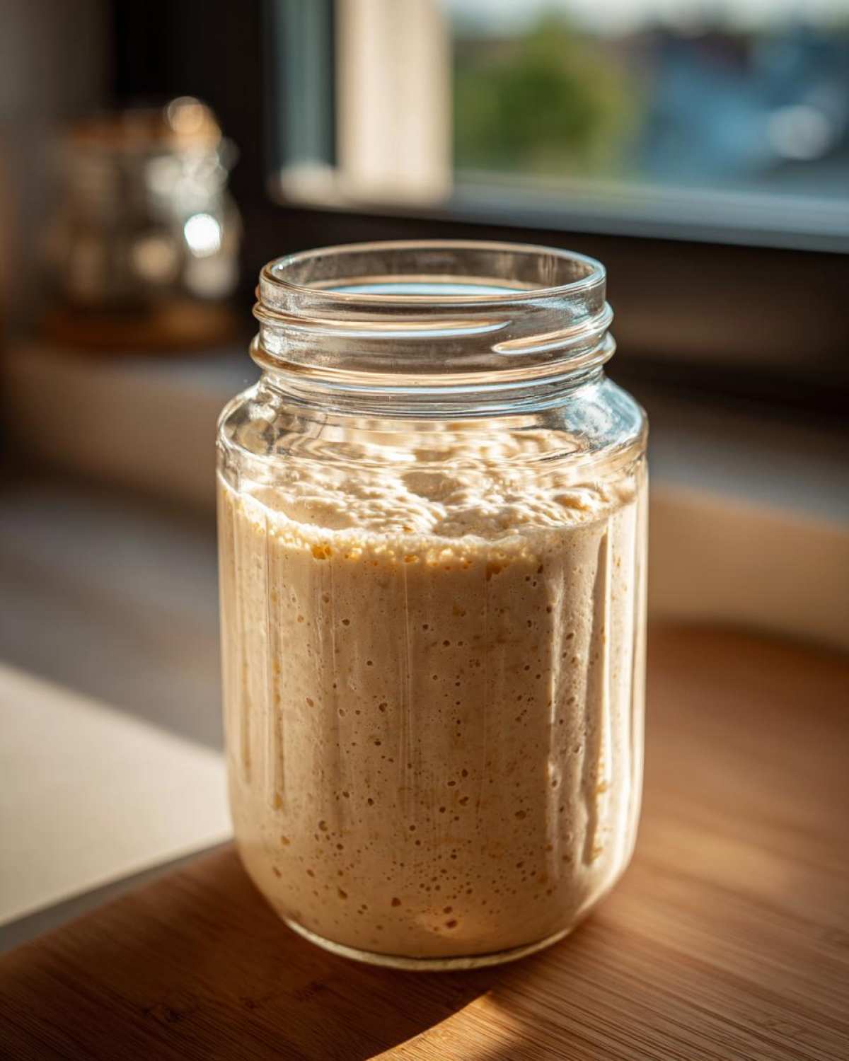 A close-up of an active, bubbly sourdough starter inside a clear glass jar, illuminated by sunlight.