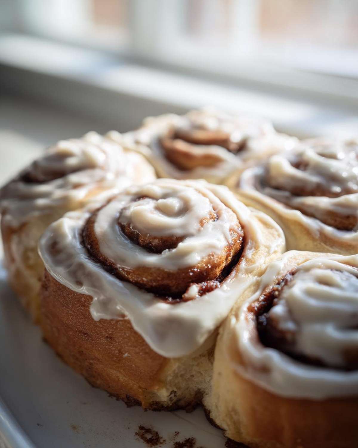 A close-up, sunlit shot of several freshly baked cinnamon buns topped with thick white icing.