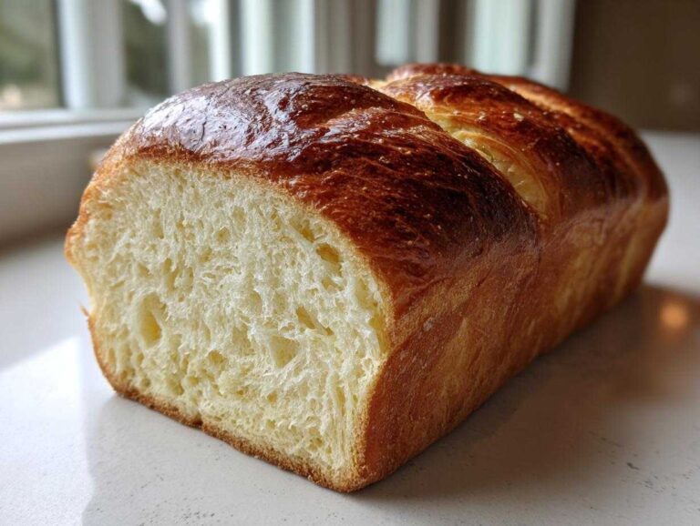 A freshly baked loaf of soft milk bread, sliced to show the fluffy interior and golden brown, shiny crust.