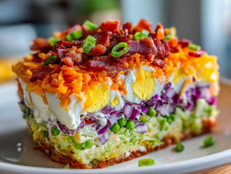 Close-up of a perfectly layered slice of 7 layer salad showing distinct layers of vegetables, eggs, cheese, and bacon.