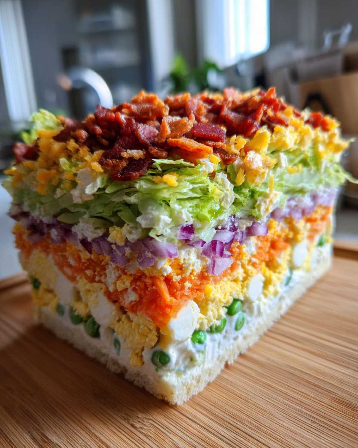 A perfectly cut slice displaying all seven colorful layers of the amazing 7 layer salad, topped with bacon.