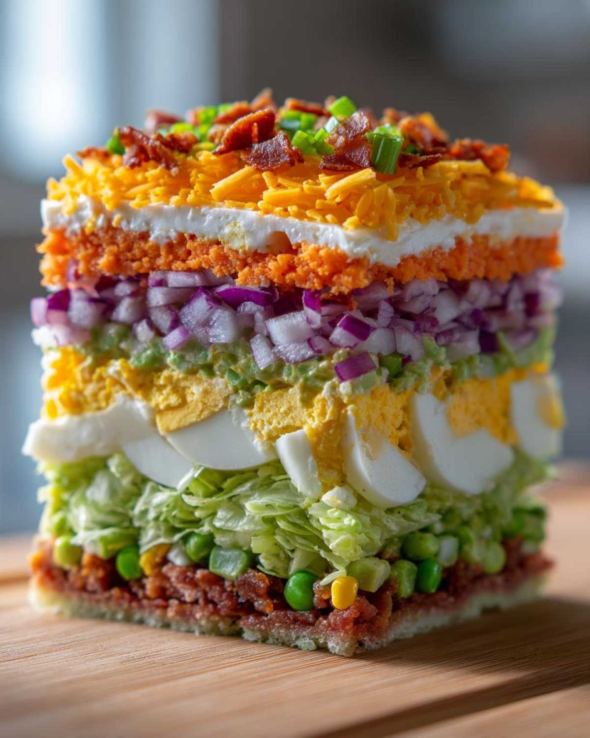 A tall, perfectly cut square slice of amazing 7 layer salad showing distinct layers of ingredients.