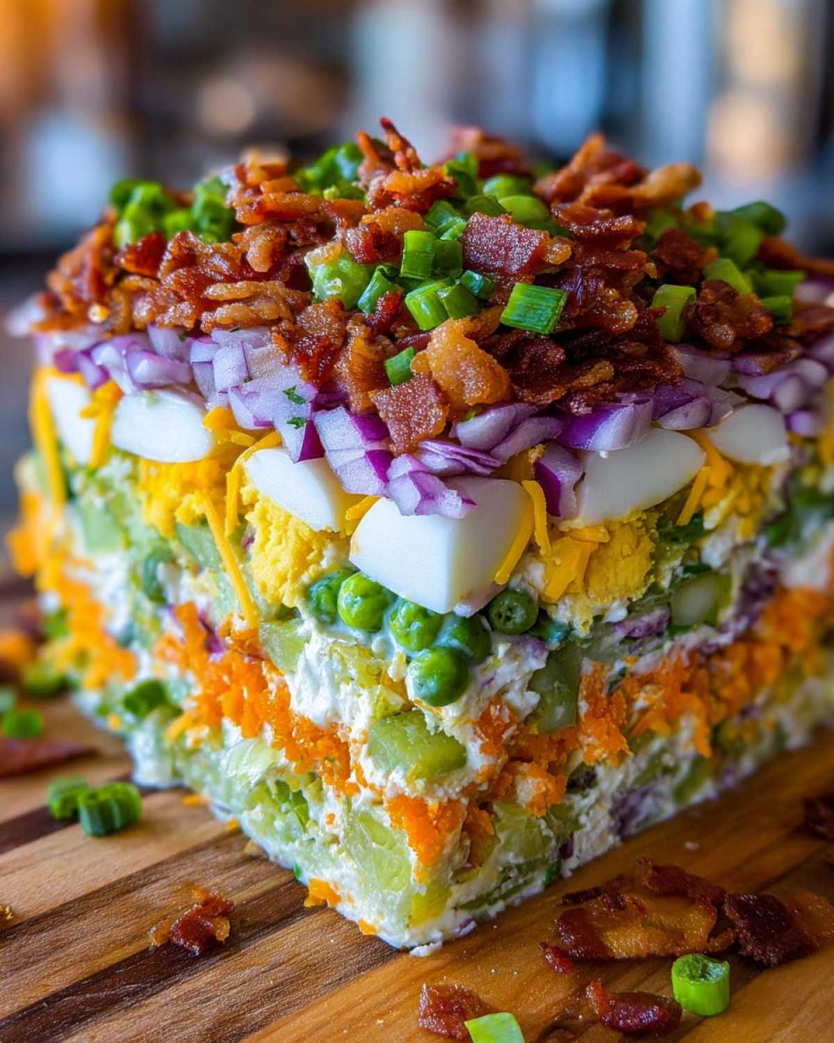 A perfectly cut square slice of amazing 7 layer salad showing distinct colorful layers topped with bacon.