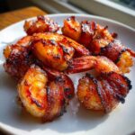 Close-up of several perfectly cooked, glazed bacon wrapped shrimp piled on a white plate.
