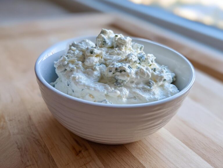 A close-up of a creamy, chunky blue cheese dip mixed with herbs in a white bowl.
