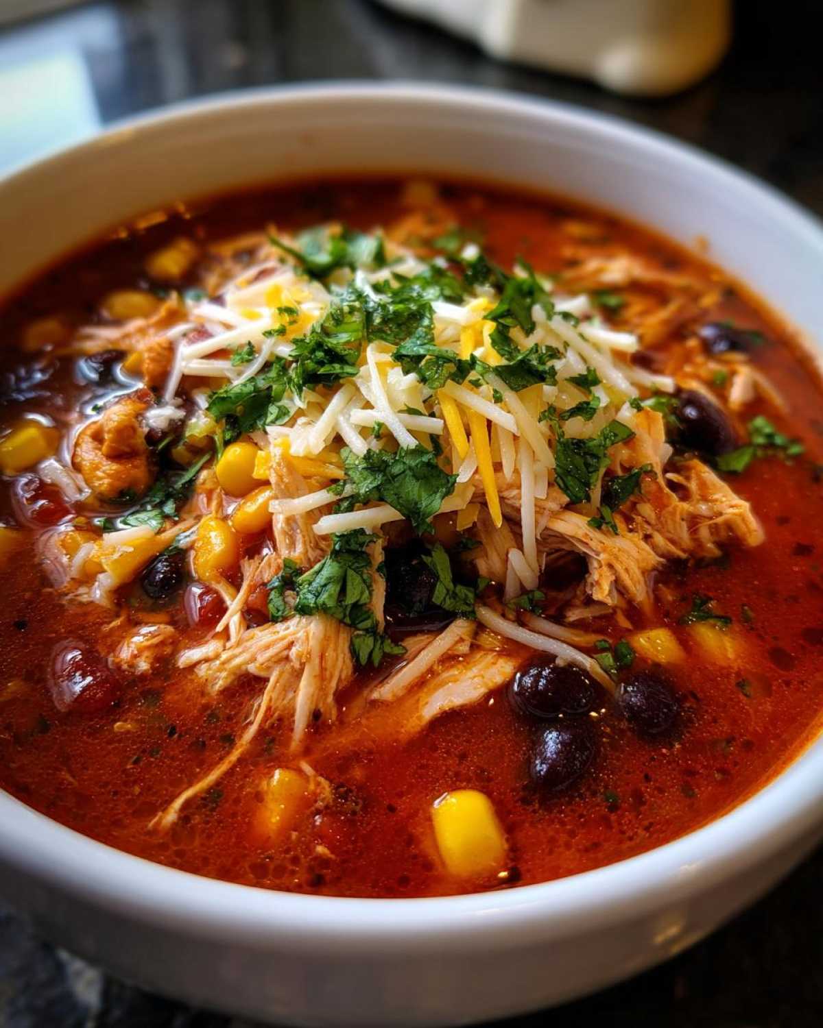 A close-up of a white bowl filled with rich, red chicken enchilada soup topped with shredded chicken, corn, black beans, cheese, and cilantro.