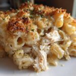 Close-up of a serving of creamy chicken pasta bake showing shredded chicken, ziti pasta, and a golden, crispy breadcrumb topping.