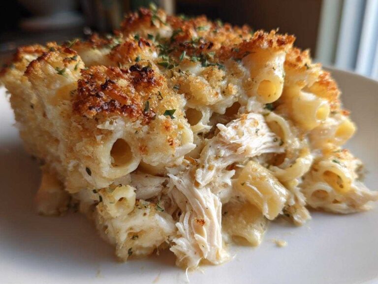Amazing 10-min chicken pasta bake magic Close-up of a serving of creamy chicken pasta bake showing shredded chicken, ziti pasta, and a golden, crispy breadcrumb topping.