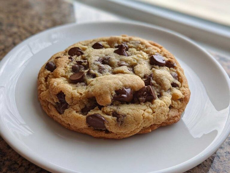 A single, thick, and chewy Chocolate Chip Cookie loaded with melted chocolate chips, resting on a white plate.