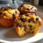 Three golden-brown chocolate chip muffins on a plate, one of which has a bite taken out to show the moist interior.