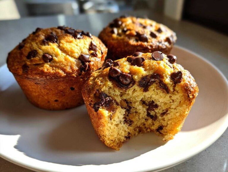 Three golden-brown chocolate chip muffins on a plate, one of which has a bite taken out to show the moist interior.