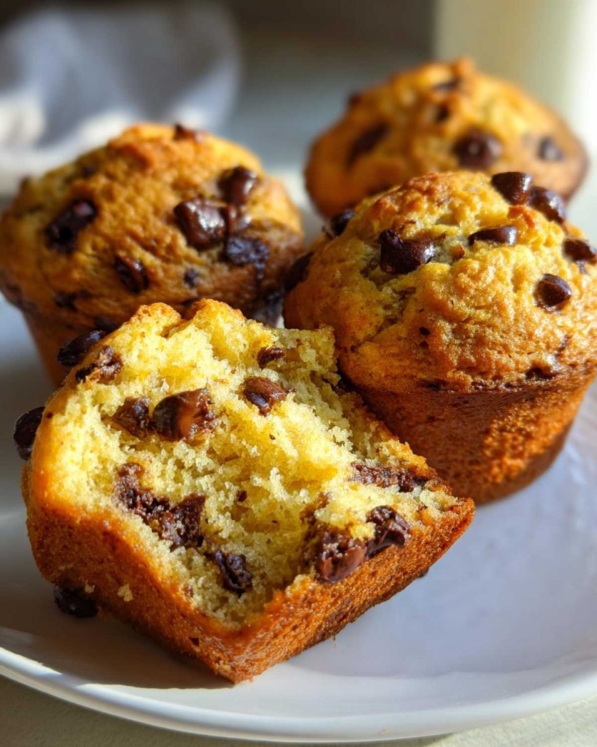 A close-up view showing the moist interior crumb of one of the amazing chocolate chip muffins, studded with melted chocolate.