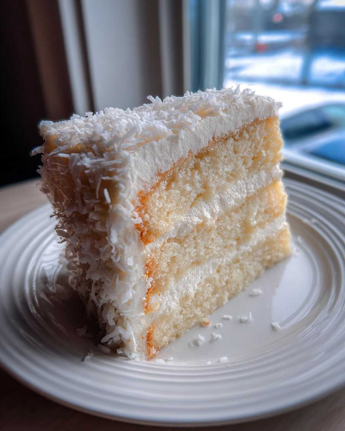 A tall slice of moist coconut cake recipe layered with white frosting and covered in shredded coconut.