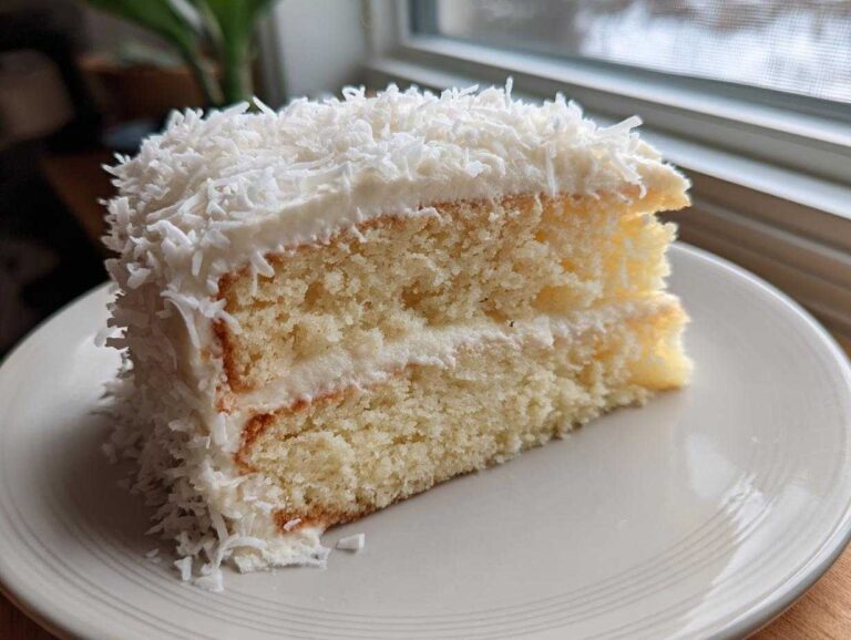 A generous slice of moist coconut cake recipe layered with white frosting and covered in shredded coconut.