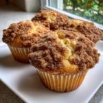 Three freshly baked coffee cake muffins topped with a thick, sugary cinnamon streusel, resting on a white plate.