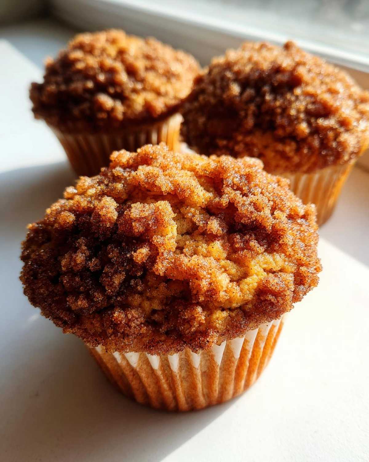Close-up of three amazing coffee cake muffins topped with thick, sugary cinnamon streusel, sitting near a window.