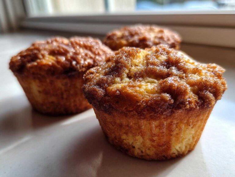 Amazing 35-Minute Coffee Cake Muffins Three golden brown coffee cake muffins featuring a rich, sugary cinnamon streusel topping, sitting on a light surface near a window.