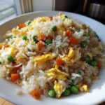 A close-up of a serving of homemade Egg Fried Rice mixed with bright green peas and diced orange carrots.