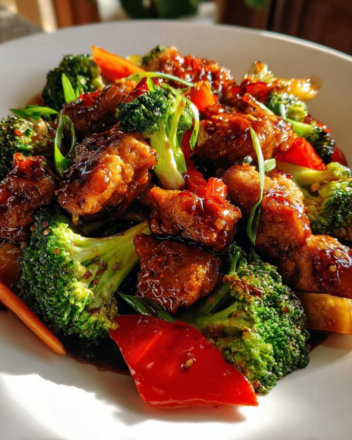 Close-up of glossy Ginger Chicken pieces tossed with bright green broccoli florets and red bell peppers.