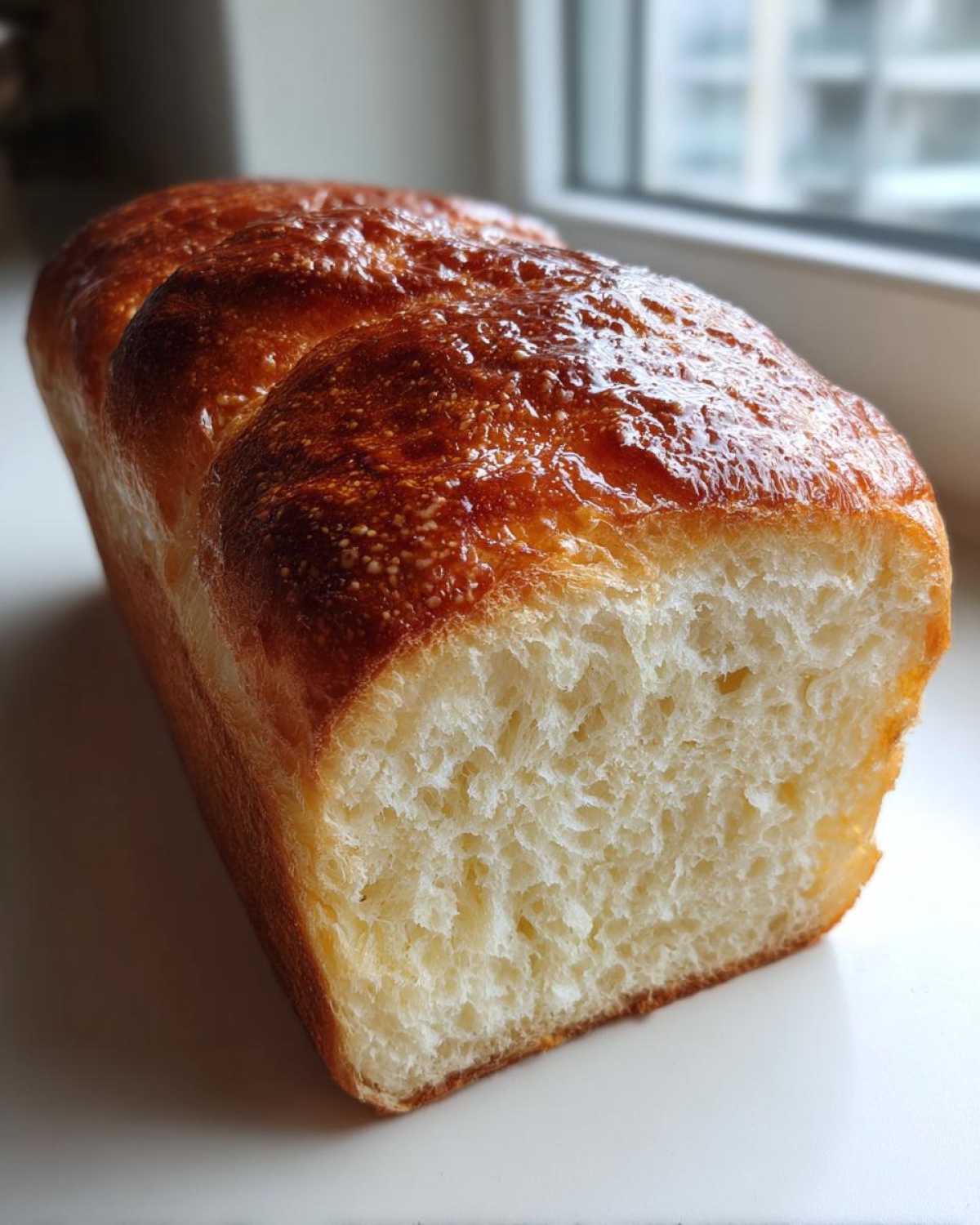 A freshly baked loaf of soft milk bread, showing a glossy, golden-brown top crust and a fluffy white interior.