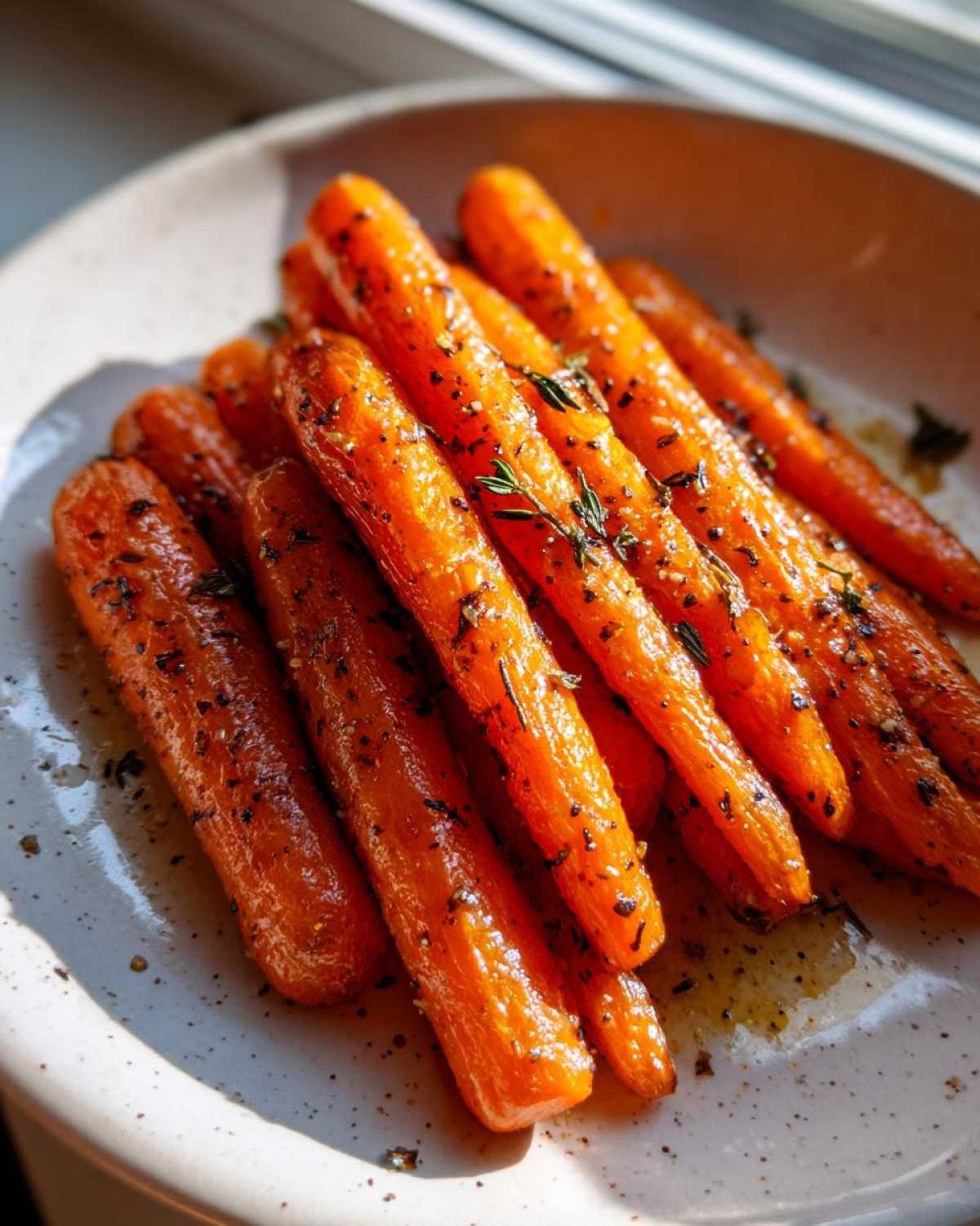 A close-up of glossy, bright orange roasted carrots seasoned with herbs and pepper on a speckled white plate.