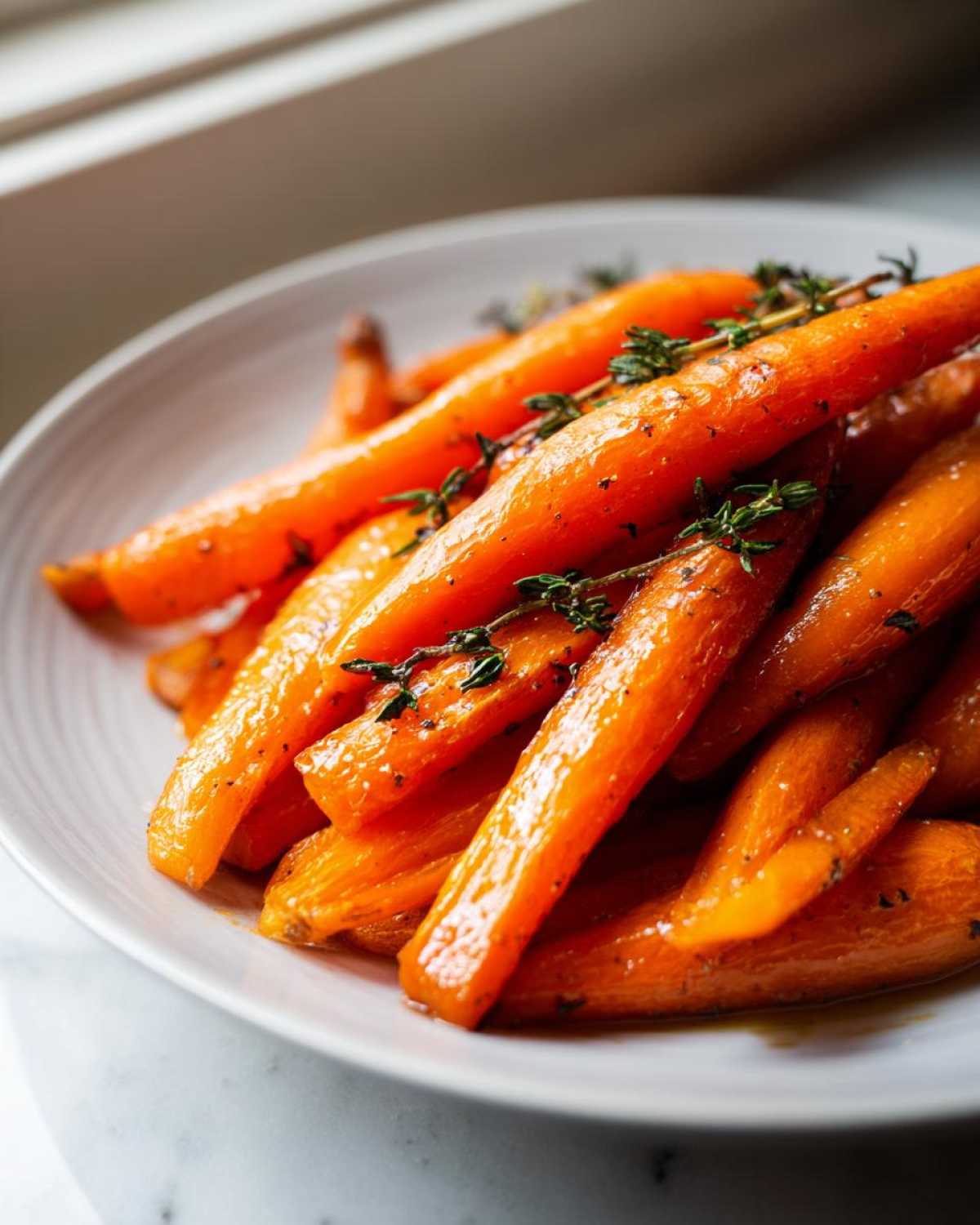 A close-up of glossy, bright orange roasted carrots seasoned with pepper and garnished with fresh thyme sprigs.