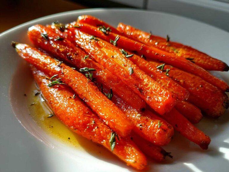 Close-up of beautifully glazed roasted carrots seasoned with herbs, ready to serve.