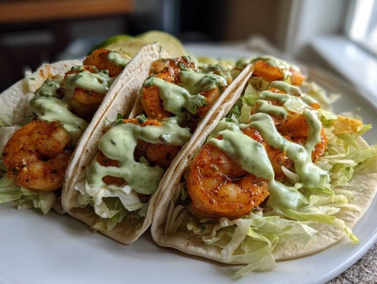 Three soft tortilla Shrimp Tacos filled with seasoned shrimp, shredded lettuce, and drizzled generously with a creamy green sauce.