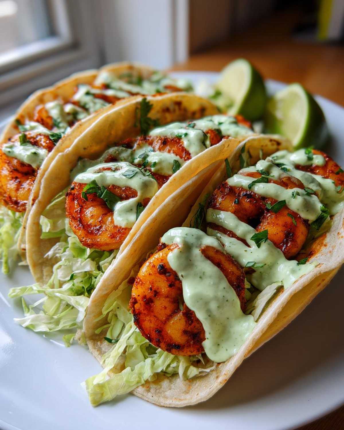 Close-up of three delicious Shrimp Tacos filled with seasoned shrimp, shredded lettuce, and drizzled with a creamy green sauce.