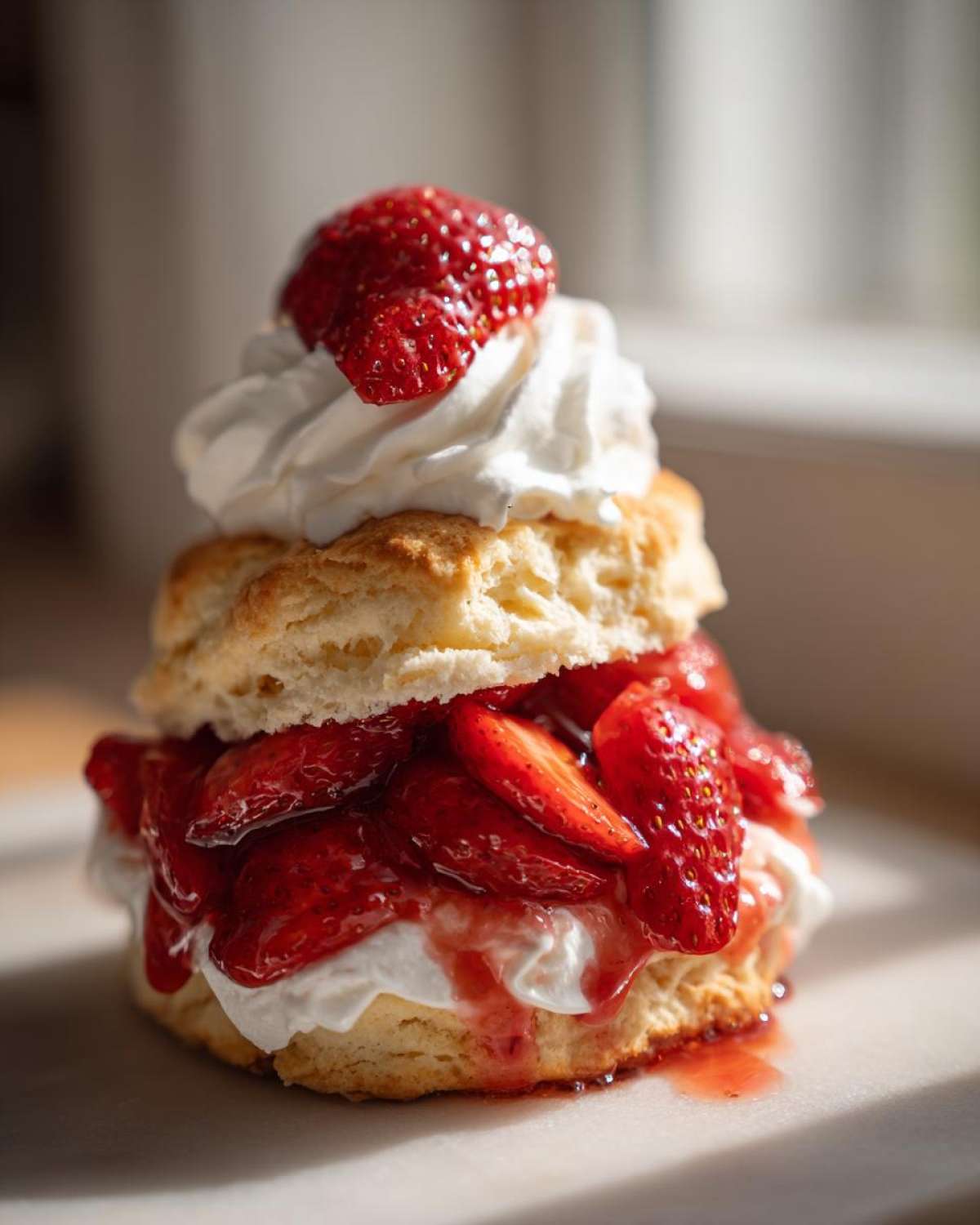 A close-up of a delicious strawberry shortcake featuring a biscuit, macerated strawberries, and whipped cream, topped with a whole berry.