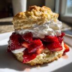 A delicious, layered strawberry shortcake featuring a fluffy biscuit, macerated strawberries, and whipped cream.