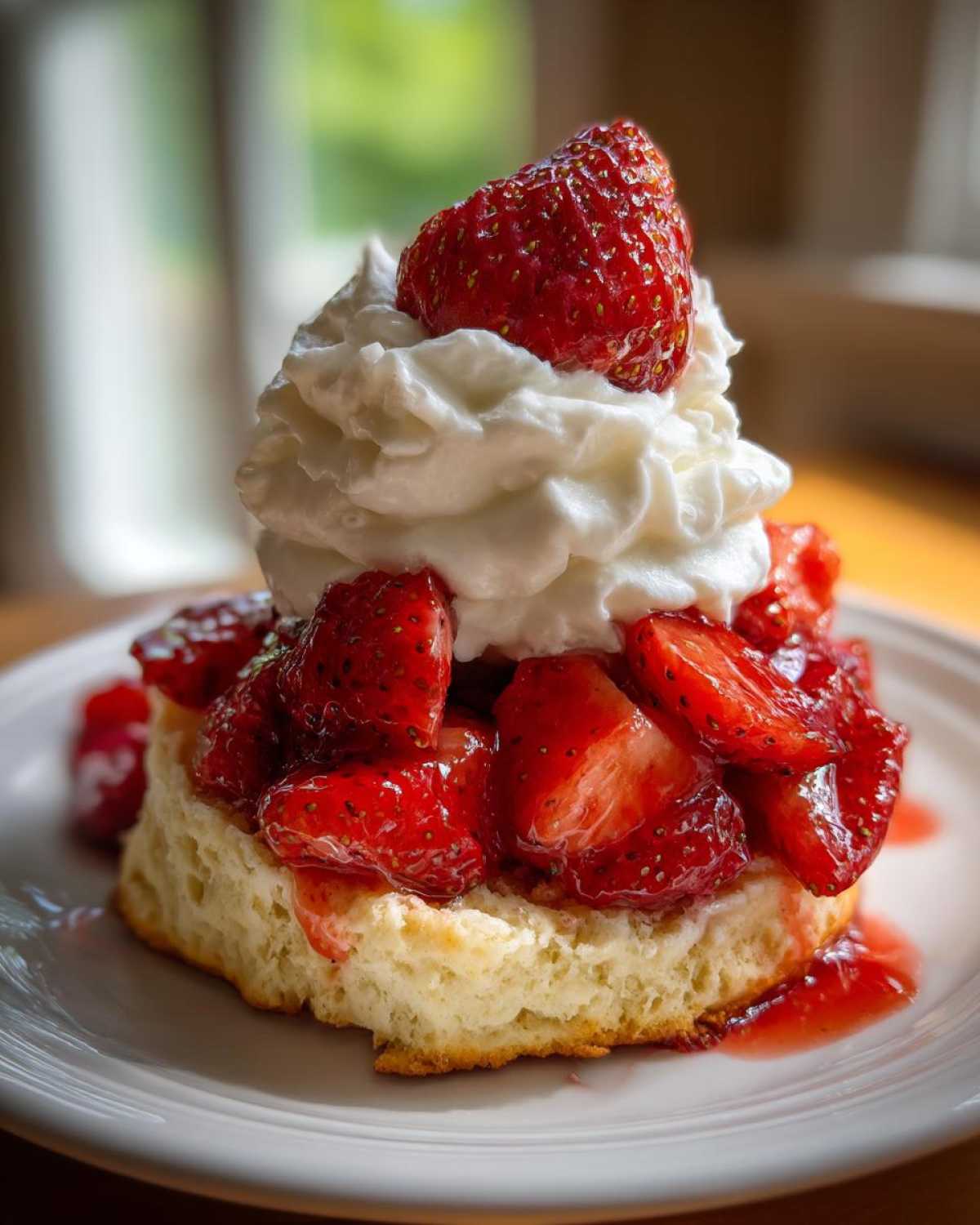 A close-up of a delicious strawberry shortcake featuring a biscuit base, macerated strawberries, and a generous topping of whipped cream.