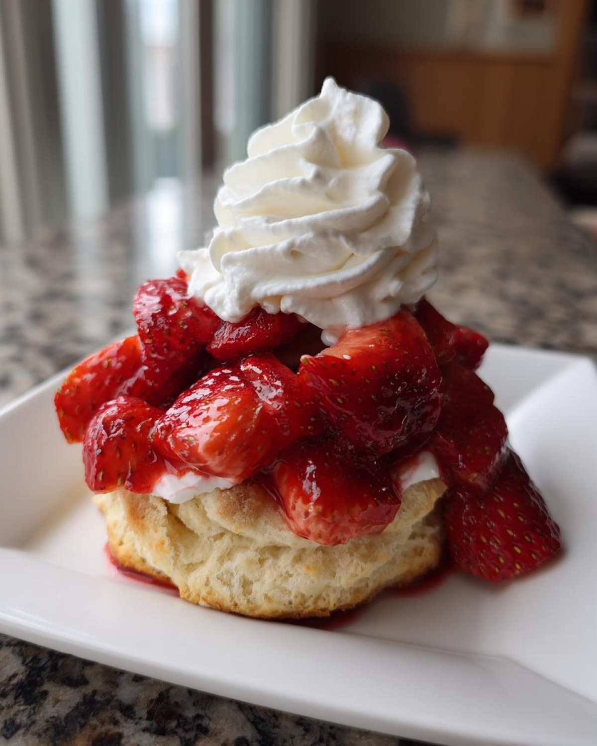 Close-up of a delicious strawberry shortcake featuring a biscuit base, macerated strawberries, and a dollop of whipped cream.
