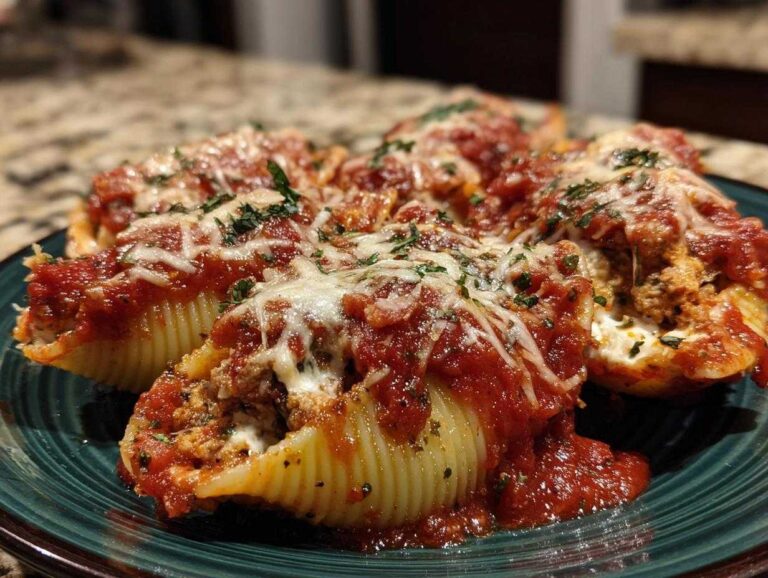 A close-up view of baked stuffed shells covered in rich tomato sauce, melted mozzarella, and parsley.