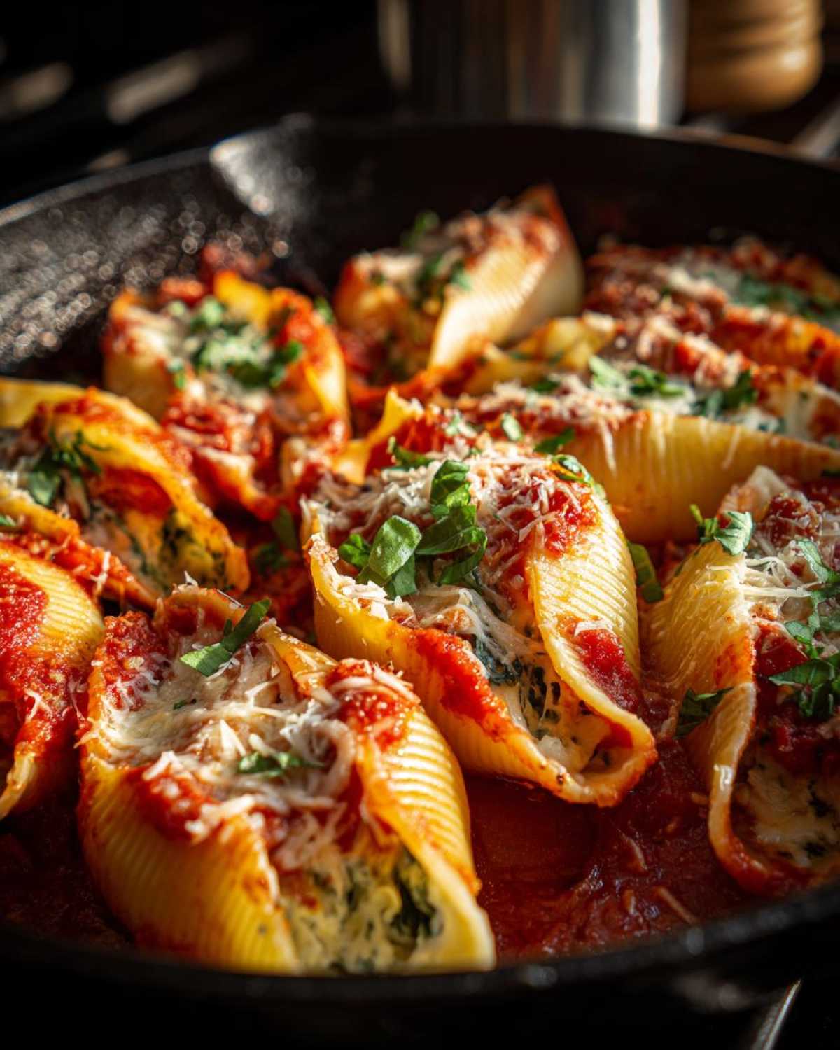 Close-up of baked stuffed shells filled with ricotta and spinach, covered in marinara sauce and grated cheese.