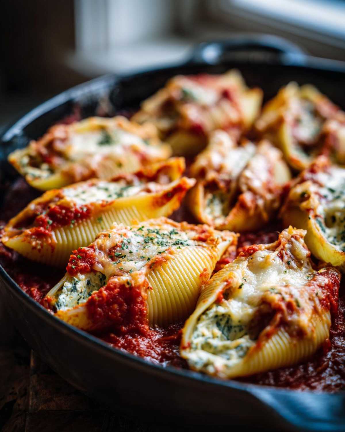 Close-up of baked stuffed shells filled with ricotta and spinach, covered in marinara sauce and melted cheese.
