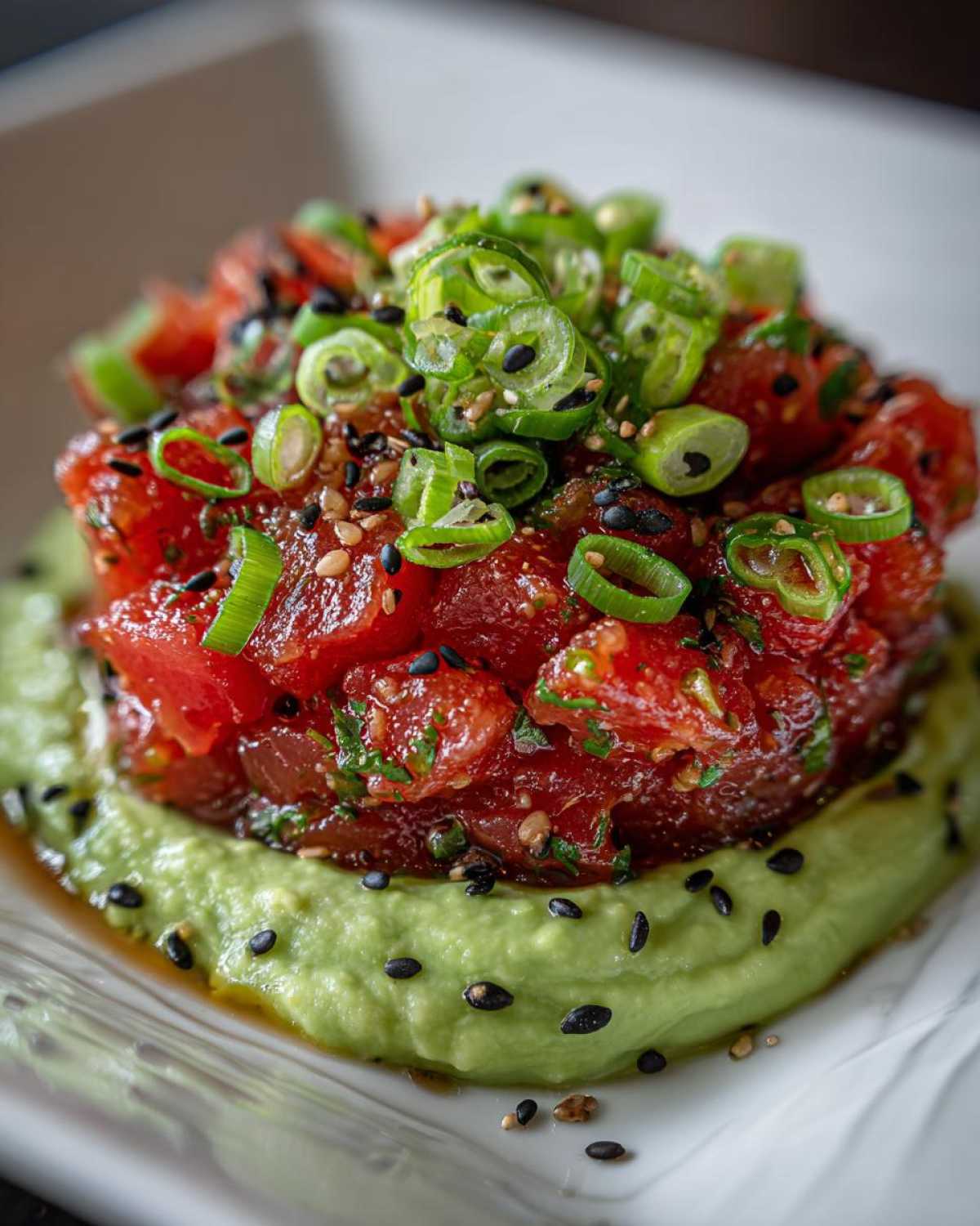A vibrant mound of diced, marinated tuna tartare served over a creamy avocado puree and topped with sliced green onions and sesame seeds.