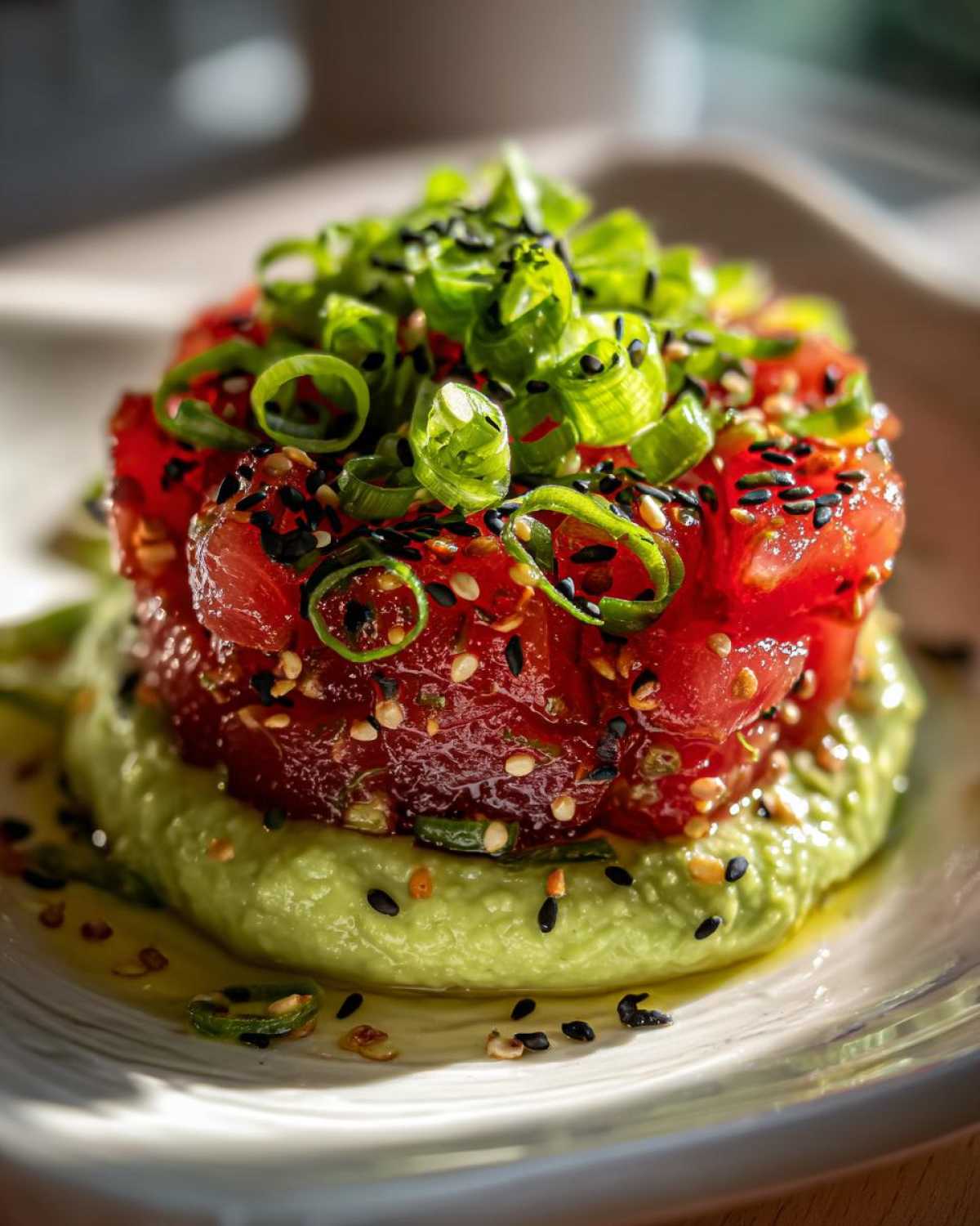 Close-up of vibrant tuna tartare stacked on creamy avocado puree, topped with scallions and sesame seeds.