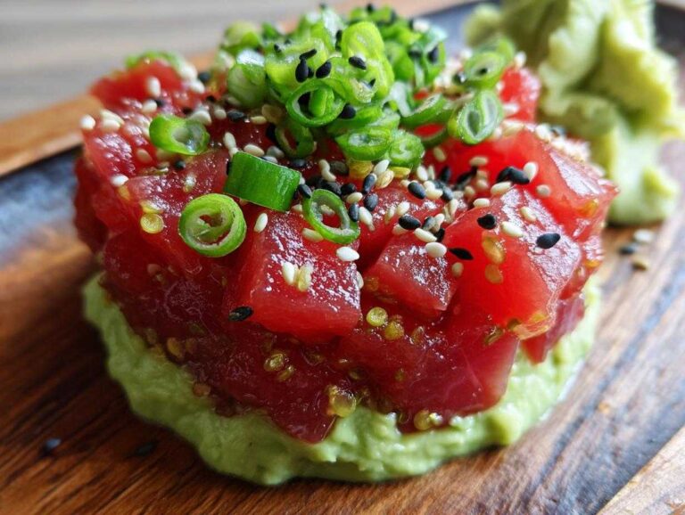 Close-up of vibrant red tuna tartare stacked on a creamy avocado base, topped with sesame seeds and green onions.