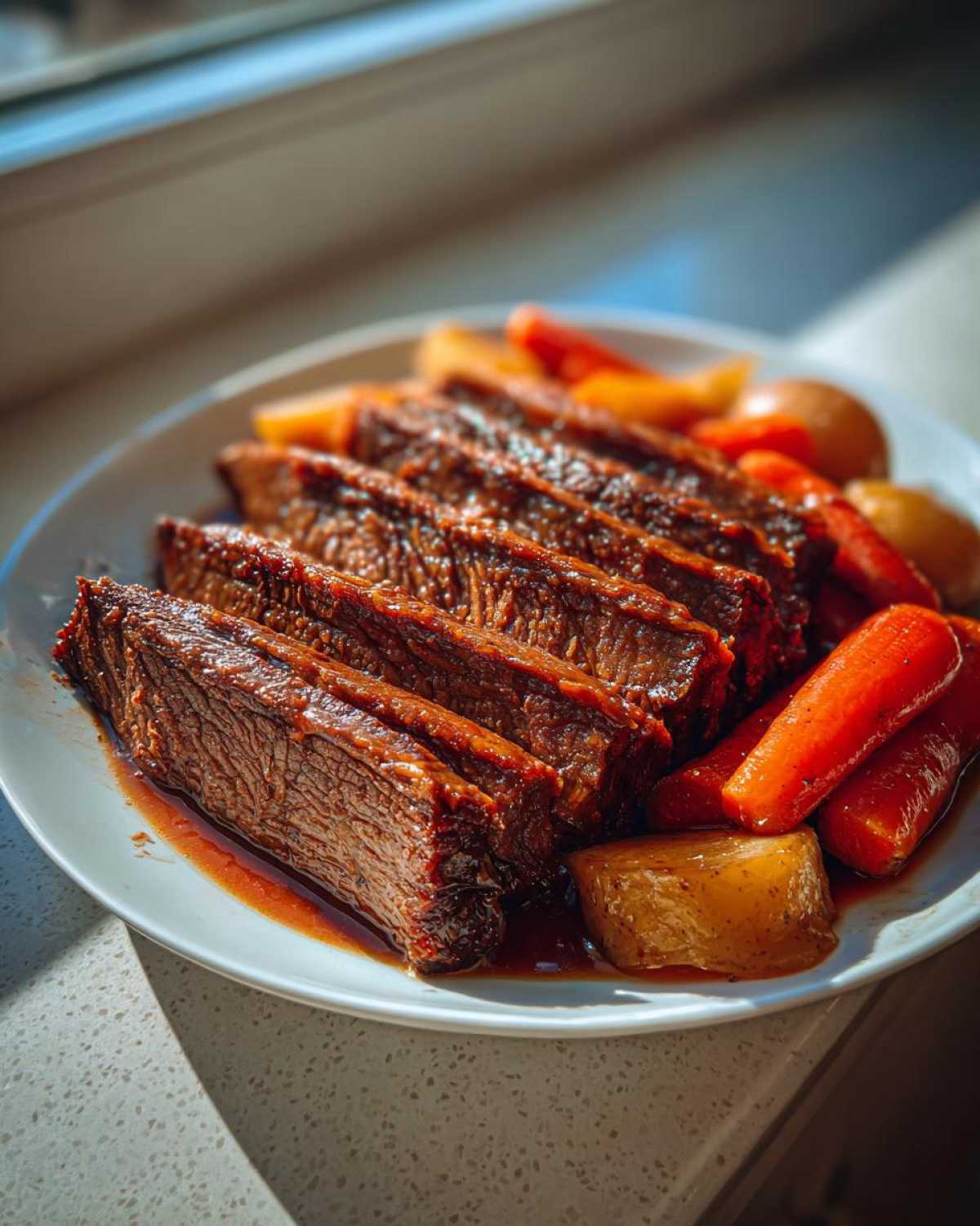 Slices of tender Apple Cider Braised Brisket served on a white plate alongside braised carrots and potatoes.