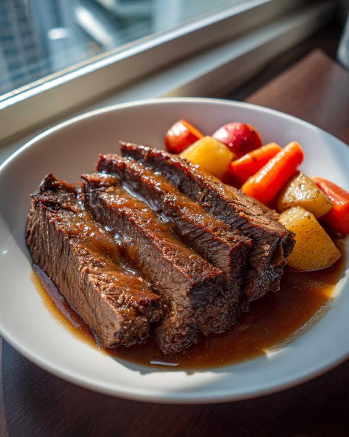 Four thick slices of tender Apple Cider Braised Brisket covered in rich gravy, served with roasted potatoes and carrots.