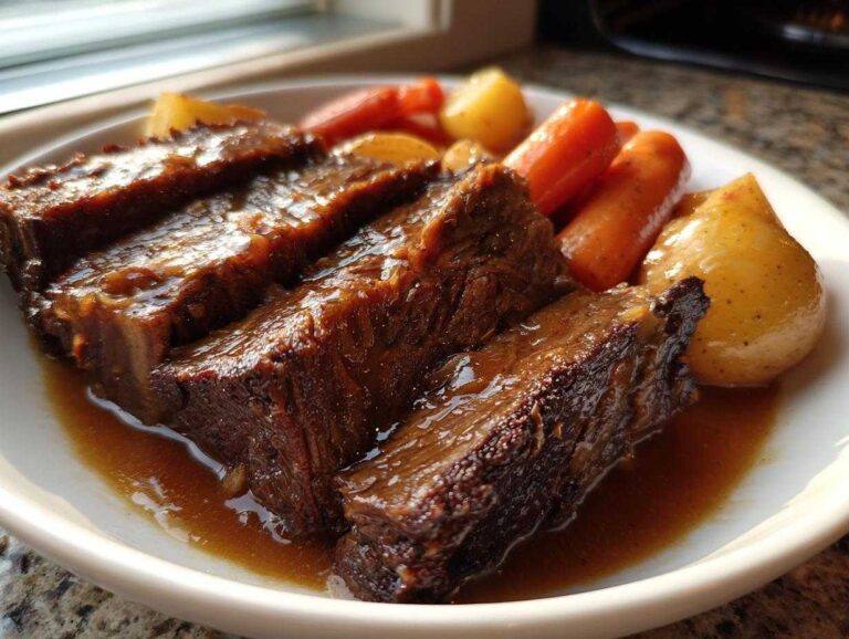 Three thick slices of tender Apple Cider Braised Brisket covered in rich gravy, served with carrots and potatoes.