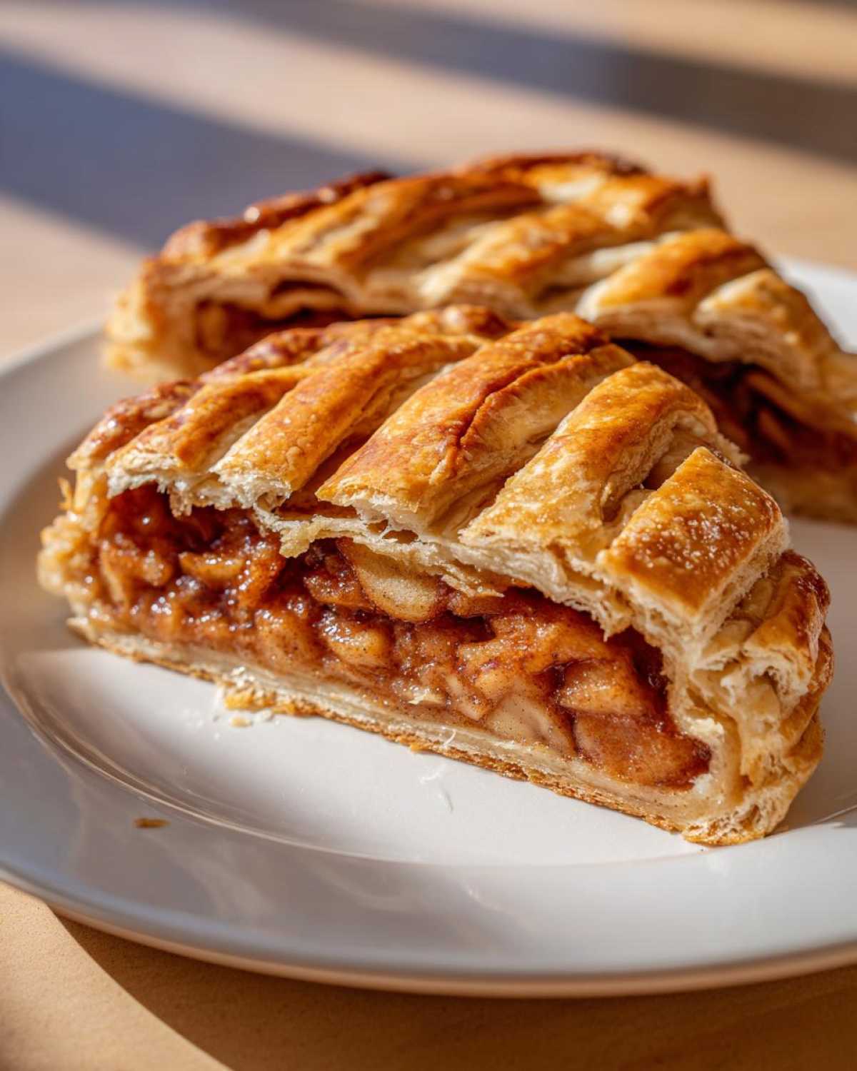 Close-up of a flaky slice of apple strudel showing the cinnamon apple filling and braided pastry top.