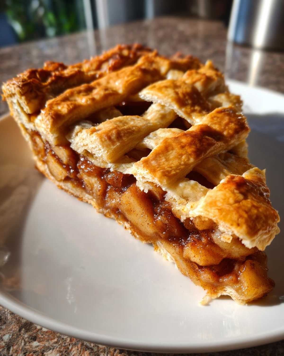 Close-up of a golden-brown slice of apple strudel featuring a lattice crust and rich, spiced apple filling.