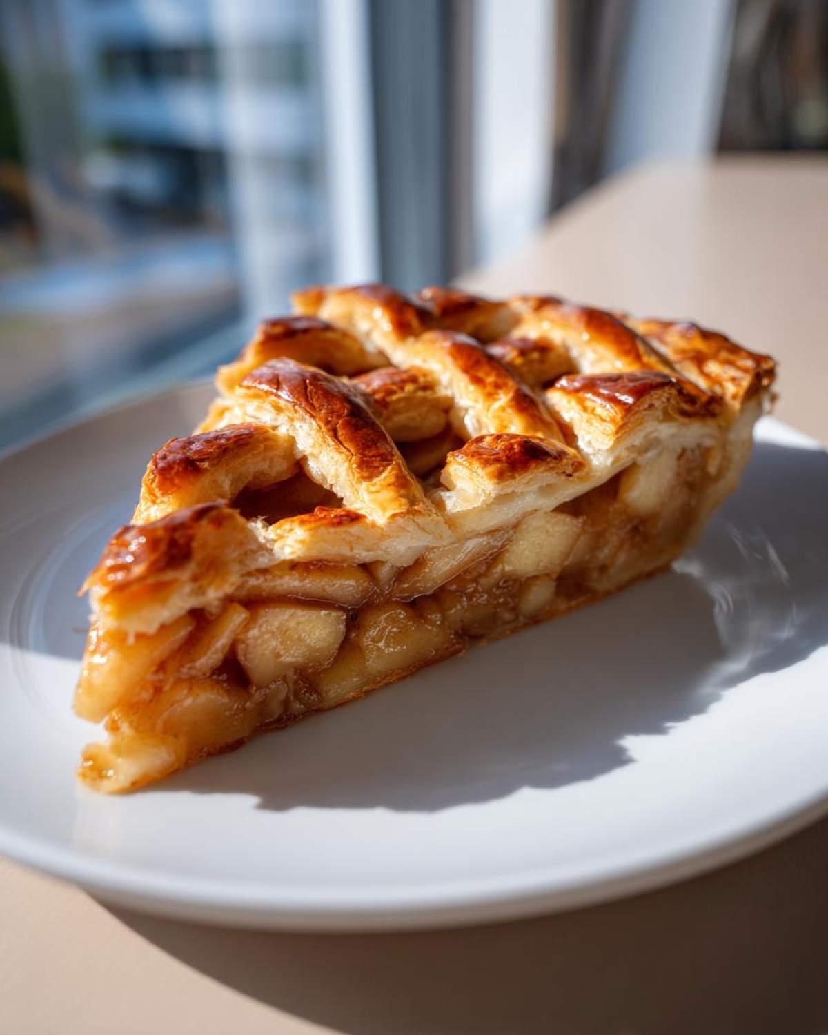 A perfect slice of golden brown apple strudel with a flaky lattice crust, sitting on a white plate.