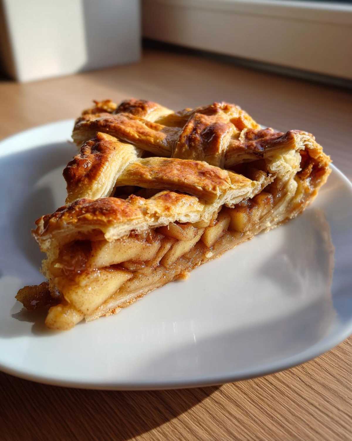 A close-up of a flaky, lattice-topped slice of apple strudel filled with spiced apples on a white plate.