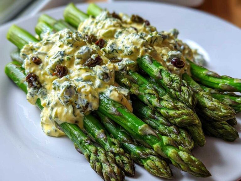 Bright green asparagus spears topped generously with creamy Sauce Gribiche featuring herbs and capers.